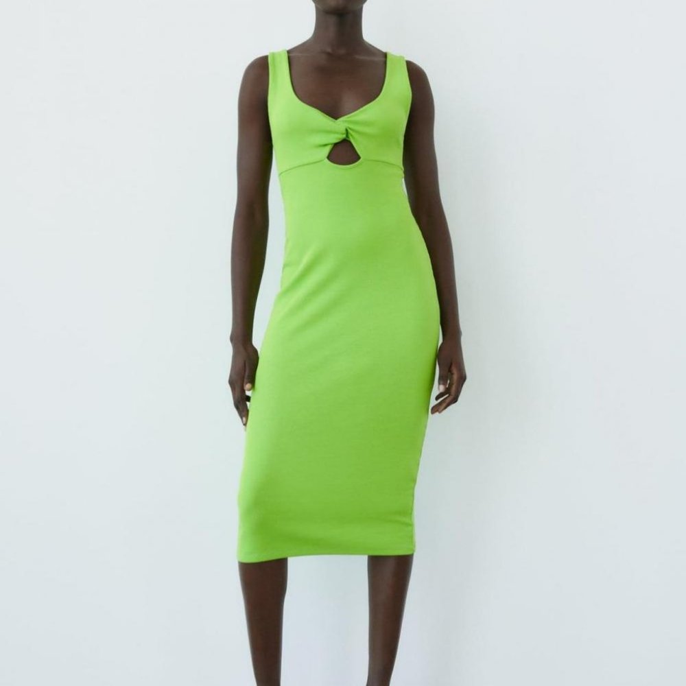 Zara Green Ribbed Midi Dress with Twist Front Cut Out Size S
